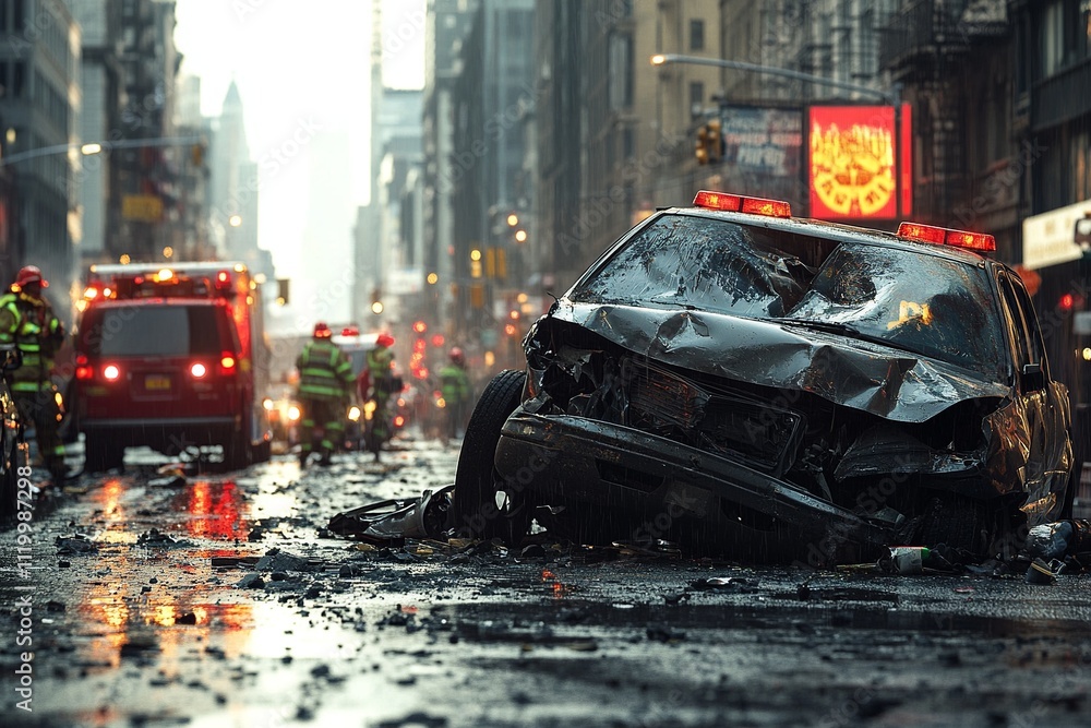 Poster a detailed image showcasing the collision between a pickup truck and a car. the scene captures the e