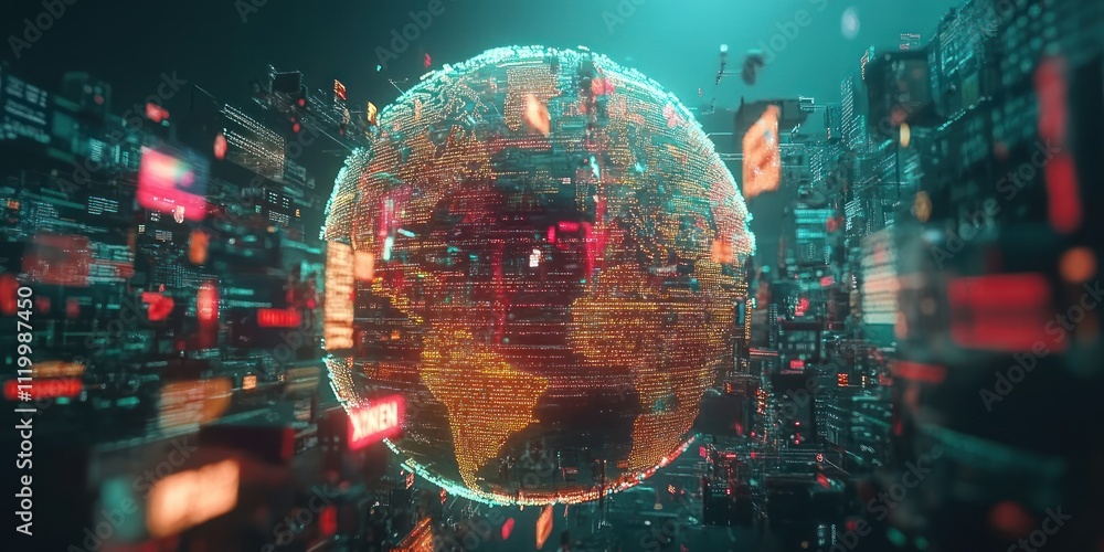 Poster A digital globe surrounded by data, representing global connectivity and technology.