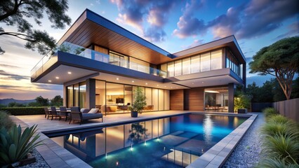 Modern and Elegant Villa with Pool Surrounded by Lush Greenery and Contemporary Design Elements, Ideal for Luxurious Living and Relaxation in a Serene Environment