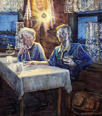 Watercolor painting. Family couple at the table