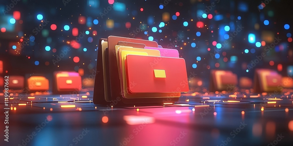 Poster abstract futurist network grid of colorful files and folders illuminated by vibrant lights in a digi