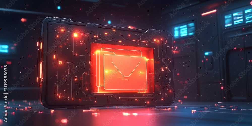 Poster futuristic digital interface illustration featuring abstract network grid display with files and fol
