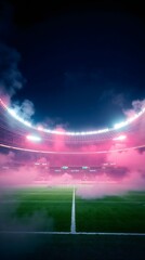 Vibrant Sports Stadium at Night: Bright Lighting and Smoky Atmosphere Highlighting Excitement on Soccer Field