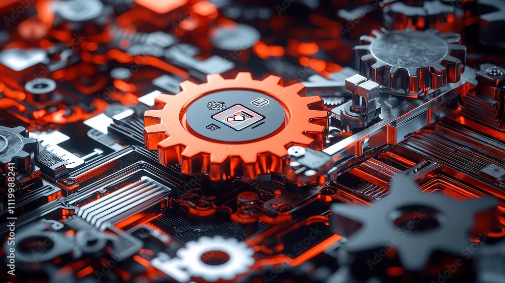 Poster business process automation, interconnected gears and digital icons symbolize efficiency and innovat