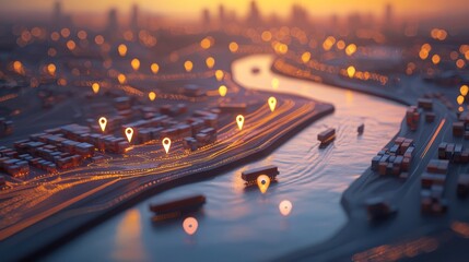 a logistics map with distribution routes and pins marking various delivery points.