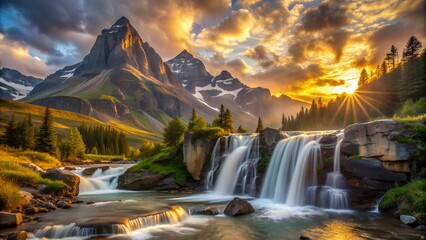 Majestic mountain waterfall landscape with vibrant sunset and lush greenery