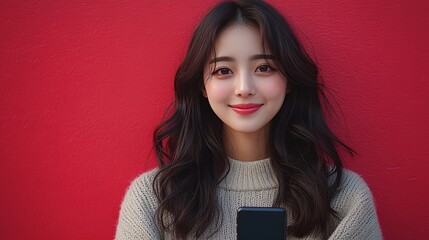 Naklejka premium Young Korean Woman Smiling Against Red Wall