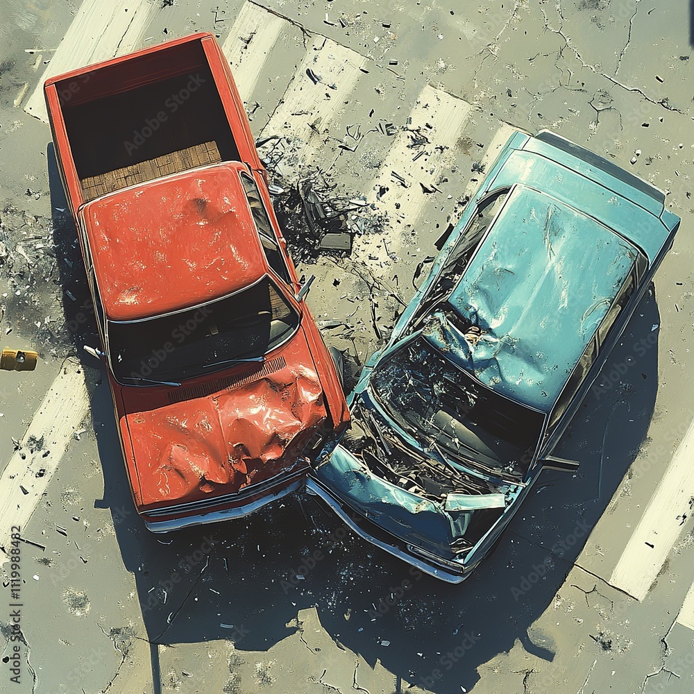 Aufkleber a detailed image showcasing the collision between a pickup truck and a car. the scene captures the e