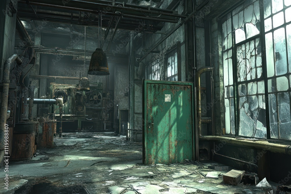 Aufkleber An abandoned industrial space with broken windows and scattered debris.