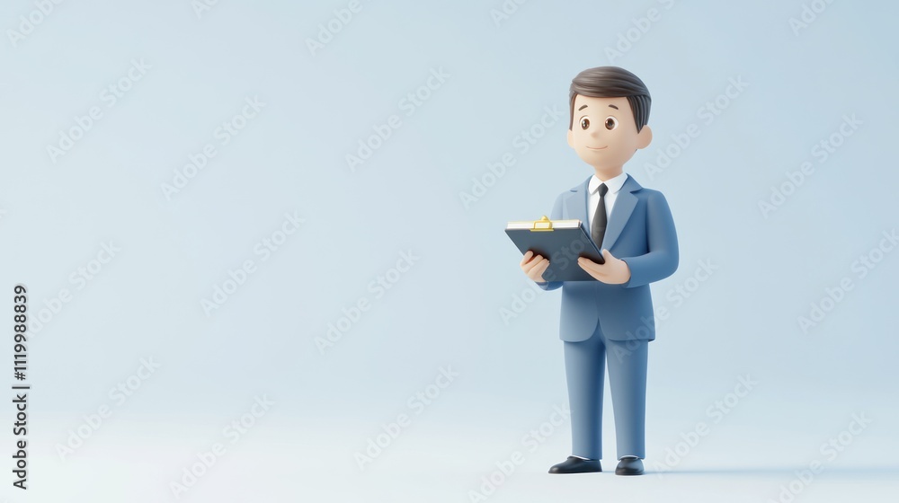 Poster a 3d character in a suit holding a clipboard, representing a professional or business context.
