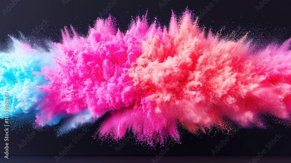 Poster vibrant color burst on dark canvas, a dynamic display of powdered pigments swirling in motion, creat