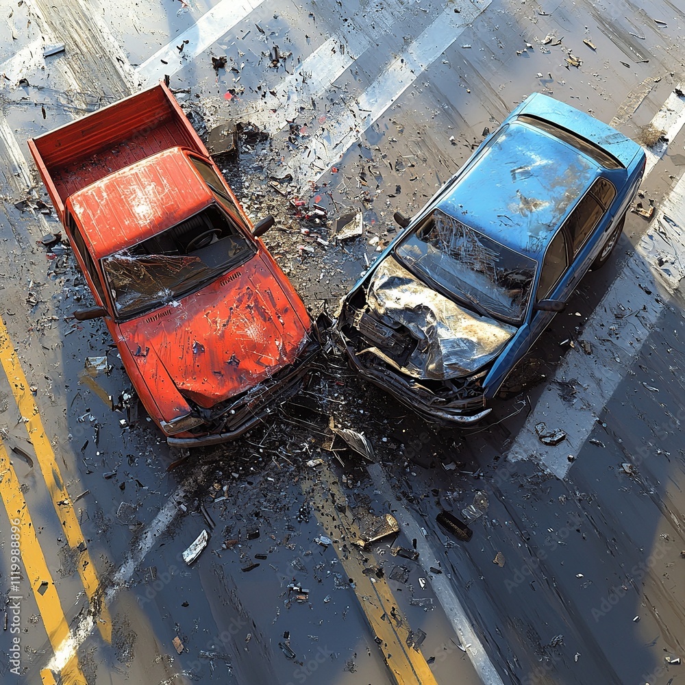 Aufkleber a detailed image showcasing the collision between a pickup truck and a car. the scene captures the e