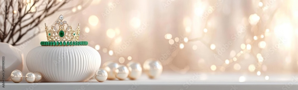 Poster a decorative crown resting on a white dish with pearls and soft lights in the background.