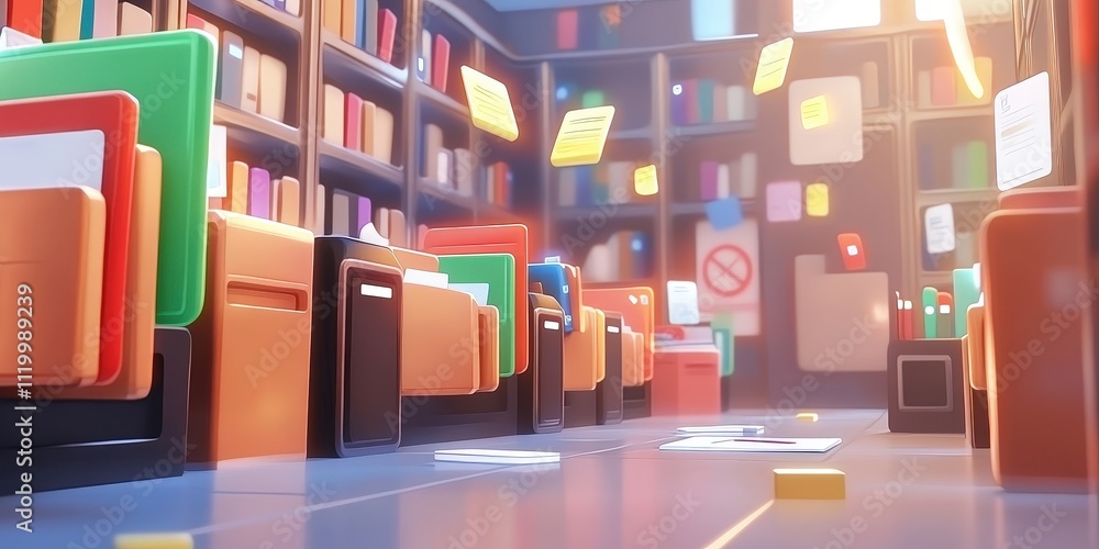 Poster abstract representation of a futuristic digital workspace with floating files and folders connected 