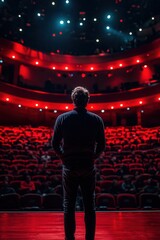 An engaging speaker captivates an audience in a theater setting.