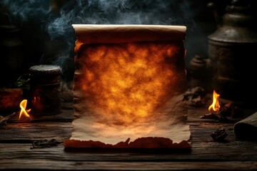 An ancient scroll illuminated by a warm glow, surrounded by smoke and flickering flames.