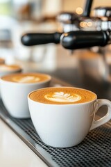 Artfully crafted coffee cups lined up on a barista station.