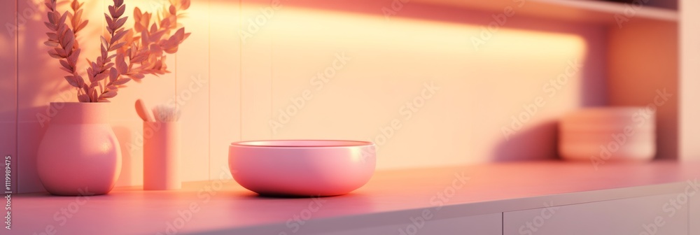 Poster 3d icon of a cat bowl in a minimalist kitchen with soft ambient lighting, creating a cozy and welcom