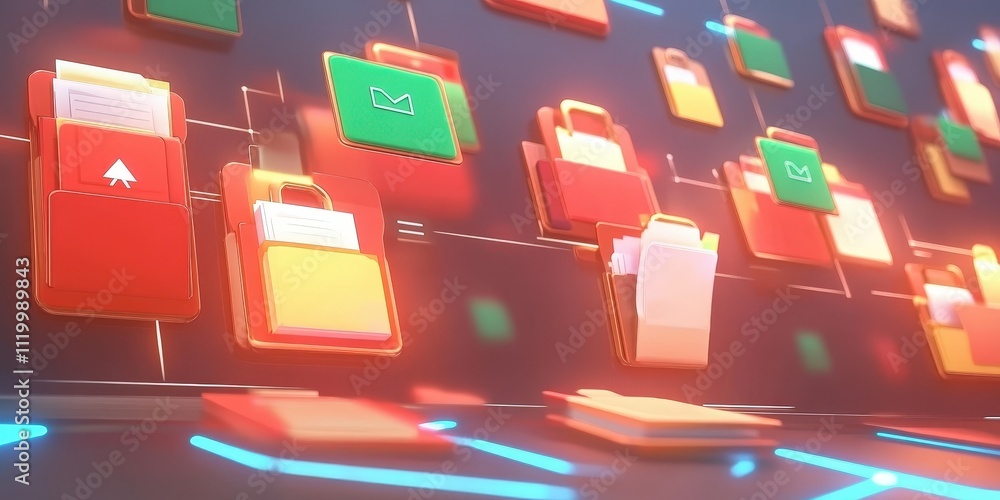 Poster futuristic abstract network grid with files and folders visualized in vibrant colors representing di