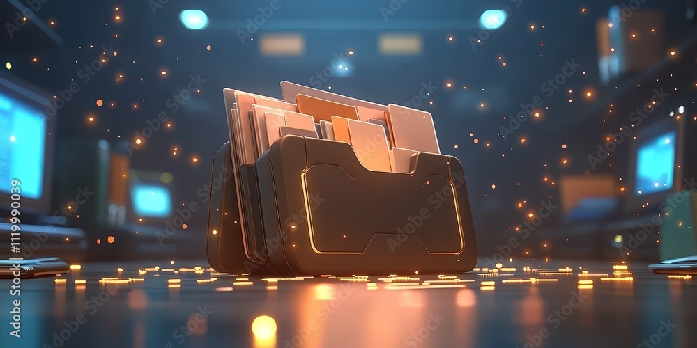 Poster futuristic abstract network of files and folders in a digital grid with glowing lights and particles
