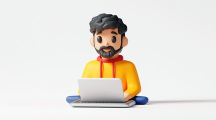 A 3D character with a beard, sitting cross-legged, working on a laptop.