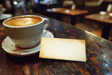 A cup of coffee next to a blank card on a wooden table in a cozy setting.