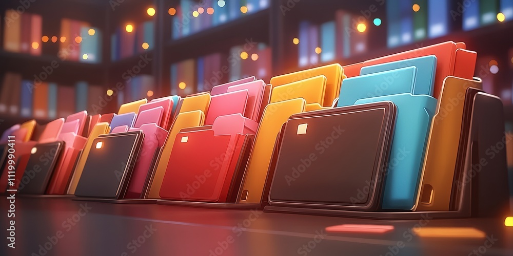 Poster futuristic abstract network grid with vibrant files and folders organized in a digital workspace, re