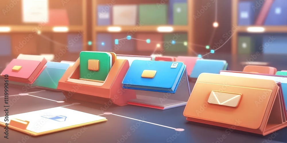 Poster abstract futuristic network grid displaying colorful files and folders in organized arrangement for 