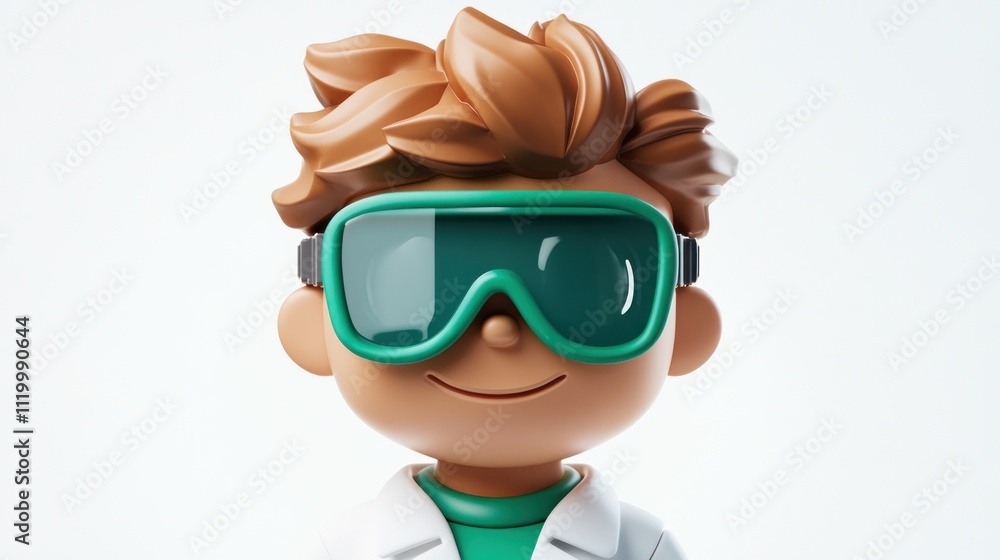 Poster a cartoonish scientist character with goggles and a lab coat, ready for experiments.