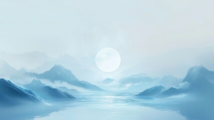 Misty Mountain Landscape Under a Full Moon with Tranquil Water Reflection Creating a Dreamy and Ethereal Scenic View