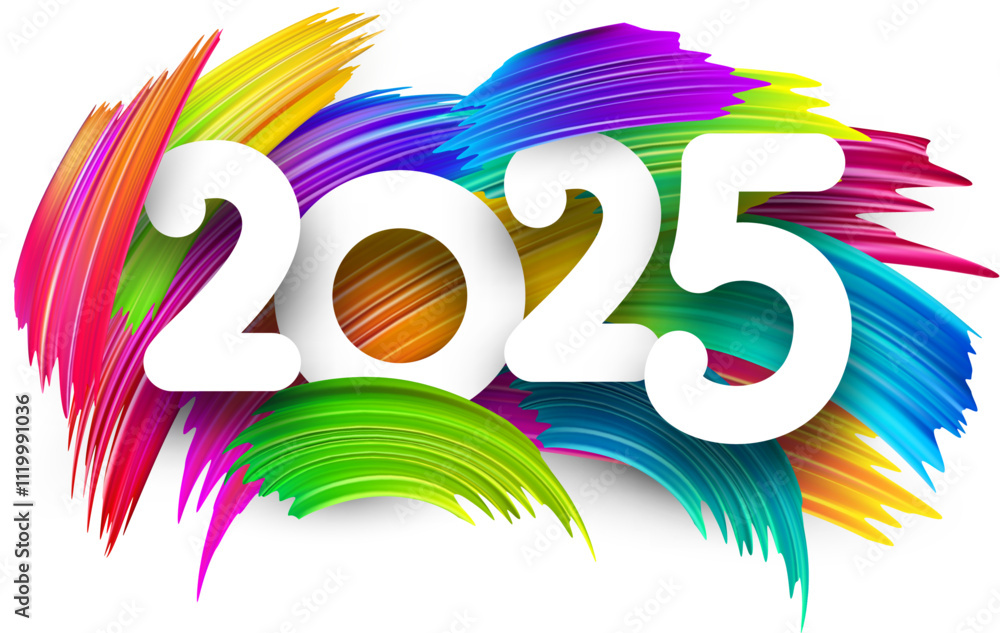 Poster bold 2025 typography surrounded by dynamic and multicolored brush strokes for a creative design. vec