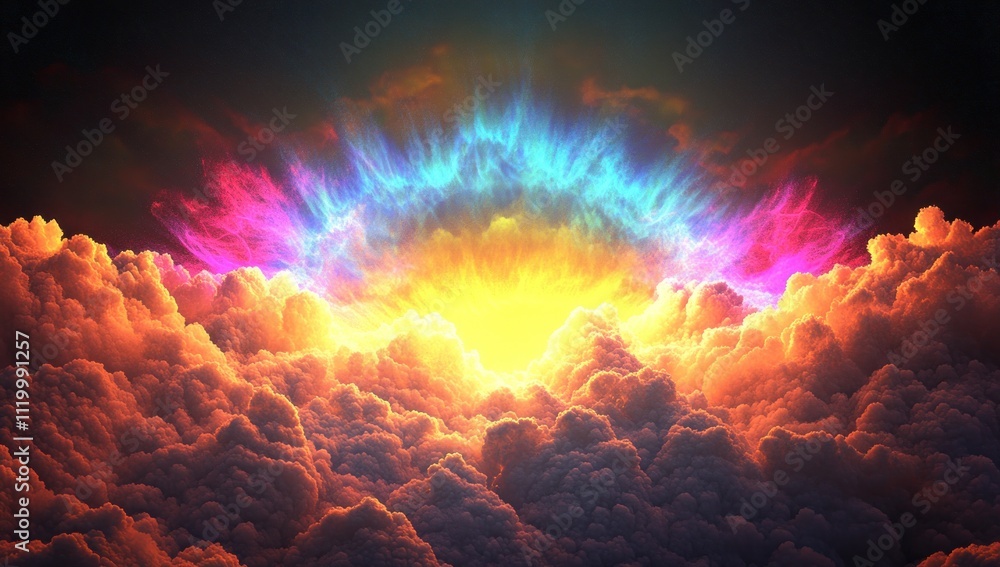 Poster a vibrant sunrise emerging from colorful clouds, creating a surreal and dreamlike atmosphere.