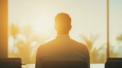 Silhouette of a person contemplating the sunset by a window.