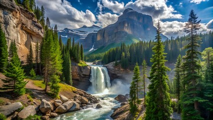 Majestic mountain waterfall in a lush green forest with a bright blue sky and white clouds