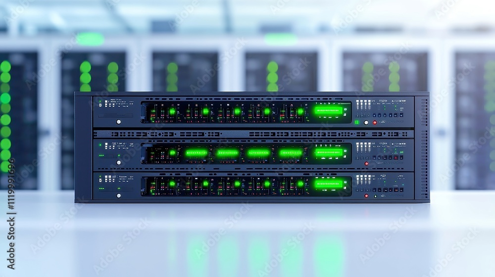 Poster rackmount led console in a high-tech server room, featuring sleek design, vibrant display, essential