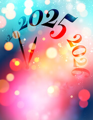 Colorful transition from 2024 to 2026 with 2025 in focus on a vibrant bokeh background. Ideal for New Year celebrations, countdowns, and festive designs