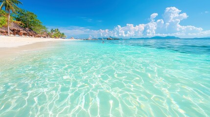 Fototapeta premium Tropical Paradise Escape, serene beach with soft white sands, crystal-clear turquoise waters, swaying palm trees, vibrant blue skies, ideal for relaxation and holidays.
