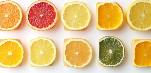 A grid of colorful citrus slices, including lemons and oranges, arranged in rows on a white background
