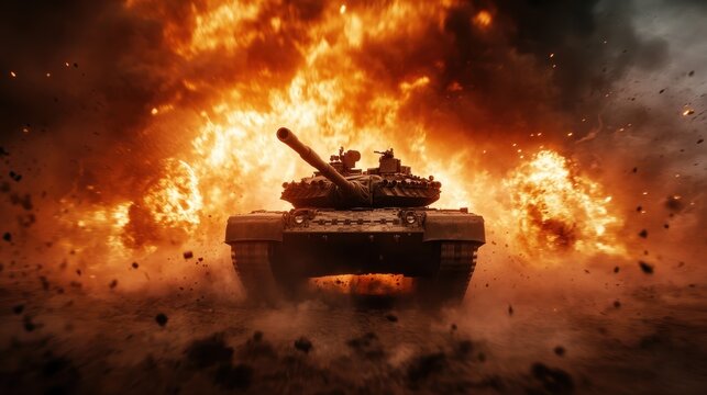 A powerful tank charges forward through a massive fiery explosion on the battlefield, showcasing strength and resilience in the midst of chaos and destruction.