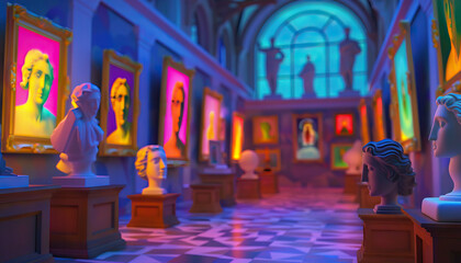 Fototapeta premium Art Gallery: Paintings and sculptures in an art gallery come to life at night, and a curator must navigate the whimsical world within to solve a mystery and restore balance