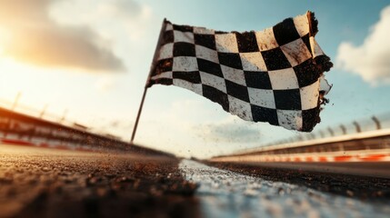 A weathered black and white checkered flag stands proudly on a sunlit race track, representing perseverance, past victories, and the thrill of racing.