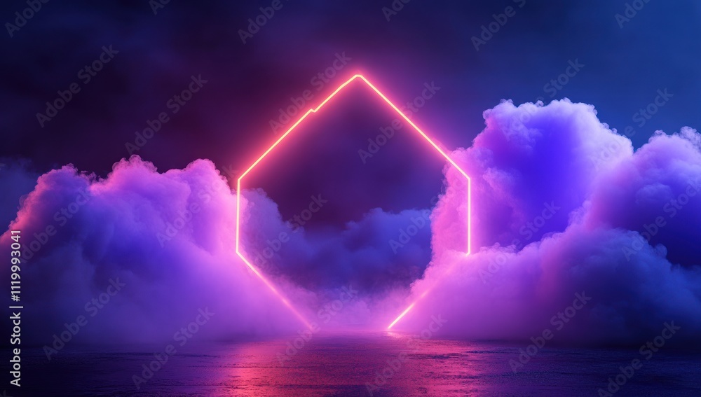 Poster a neon-lit geometric shape surrounded by colorful clouds in a surreal atmosphere.