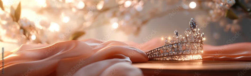 Poster a sparkling crown rests on soft fabric, illuminated by warm, ambient light.