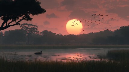 Serene Sunset Over Water With Birds and Trees