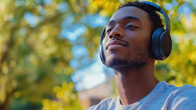 Individual listening to a podcast or audio book with headphones, clearly absorbed and engaged in the content