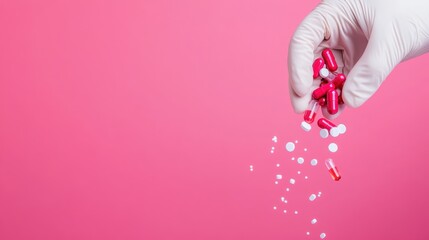 Fototapeta premium A gloved hand releases red and white capsules against a vibrant pink background, symbolizing healthcare and pharmaceutical innovation in medicine and wellness.