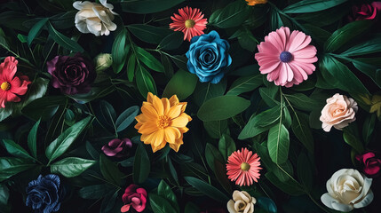Creative Layout of Flowers and Leaves - Colorful Spring Floral Background with Place for Text