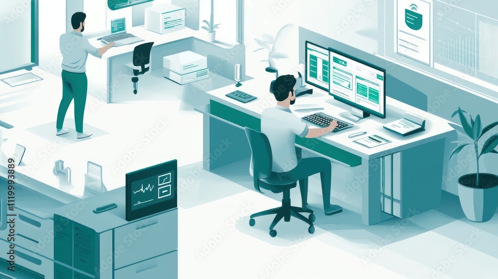 Poster Modern office scene with workers engaged in data analysis and technology use.