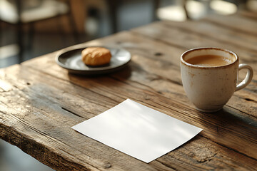 Rustic Wooden Table Setting with Coffee, Cookie, and Blank Paper Mockup A Cozy Cafe Scene Perfect for Menu or Advertisement Design