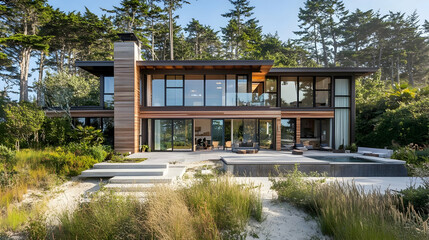 Fototapeta premium Contemporary Nordic Home with Ocean Views and Birch Forest, Modern Stockholm Archipelago Estate